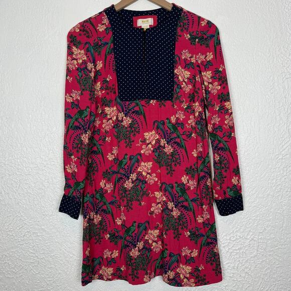 Maeve Anthropologie Floral Bird Polka Dot Print Long Sleeve Mini Dress Size 2 - Picture 1 of 4